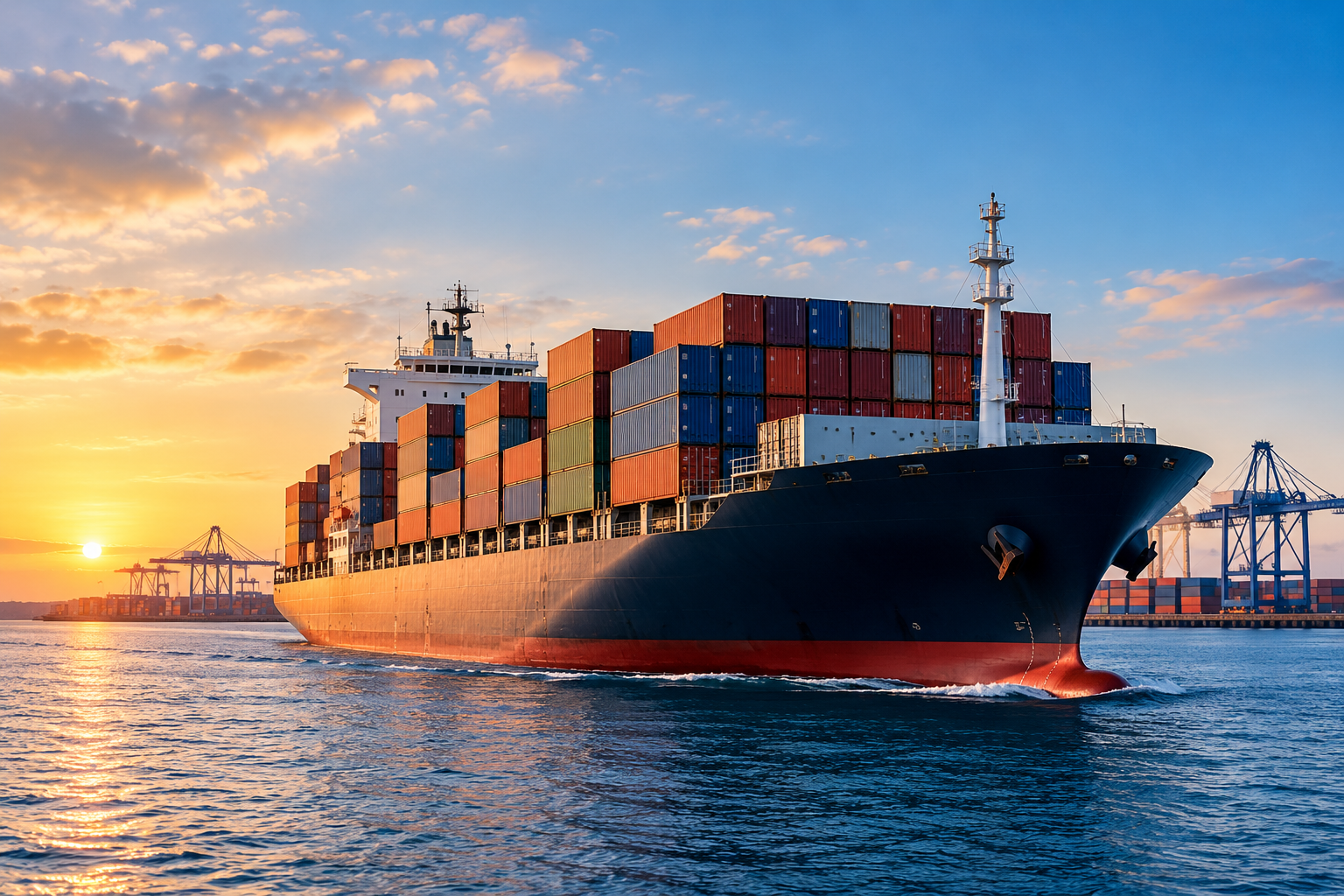 Container ship passing a port at sunset, illustrating worldwide shipping