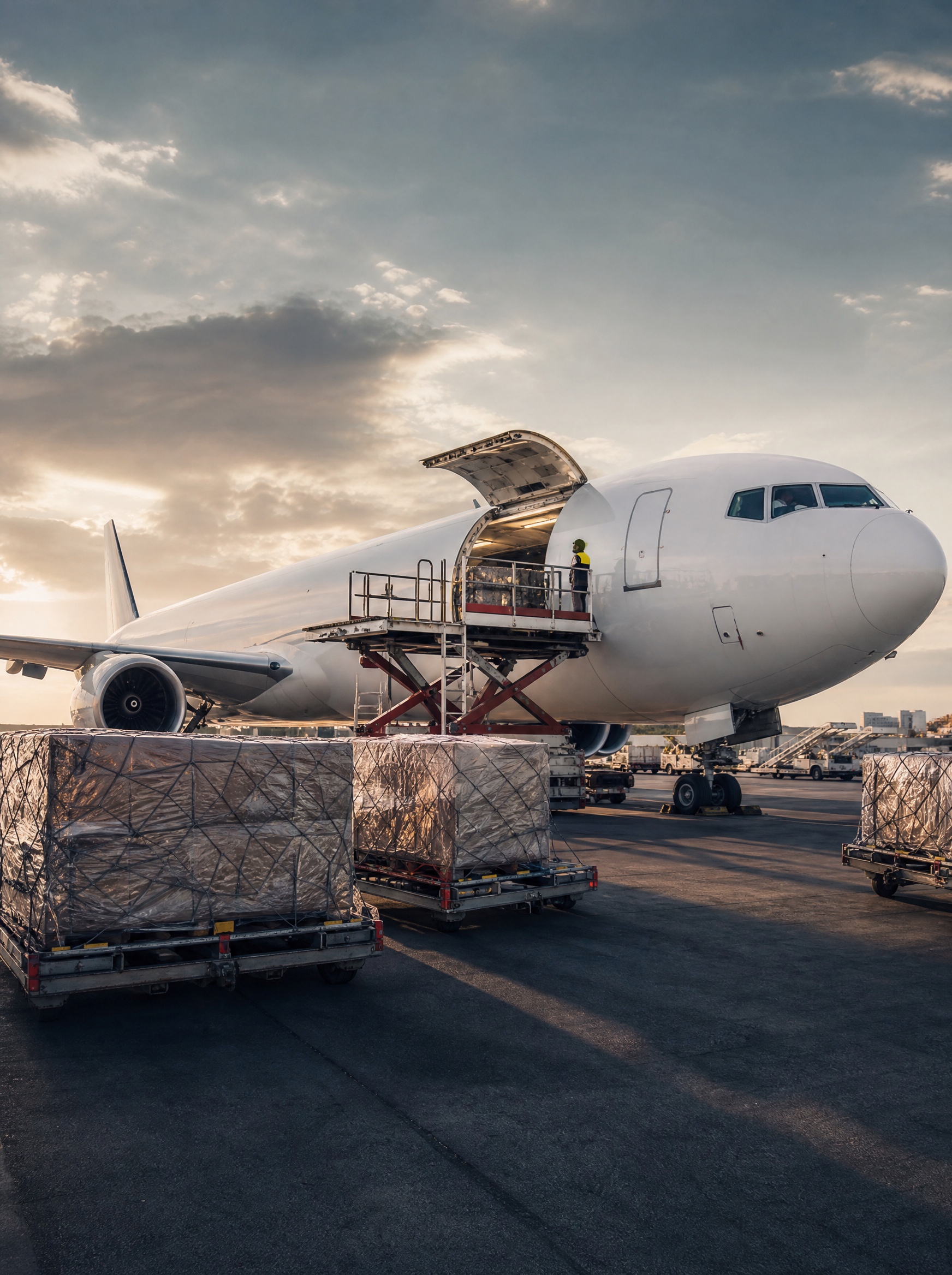 Cargo aircraft and freight pallets on an airport apron